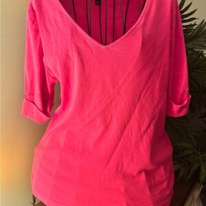 Lauren Ralph Lauren Fuchsia V-Neck Knit Top with Cuffed 3/4 Sleeves, L